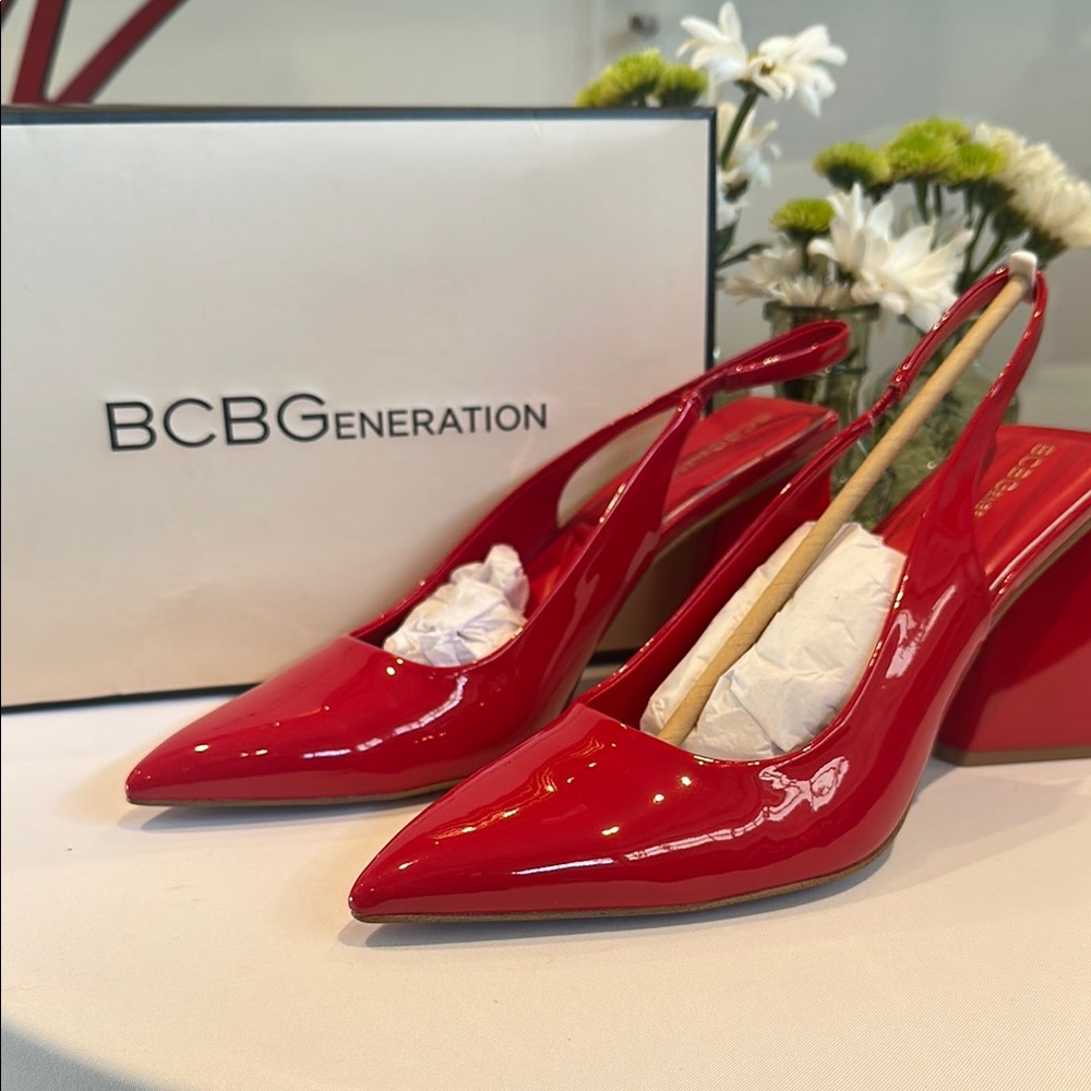 BCBGeneration Trina Red Faux Patent Leather Stack Heels